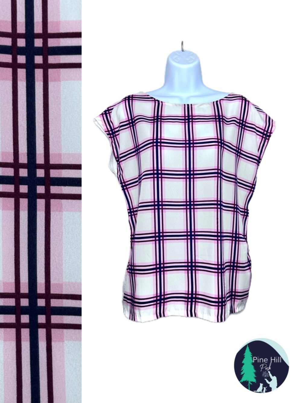 Tommy Hilfiger Plaid Cap Sleeve Blouse Pink Navy White Size Medium Preppy EUC